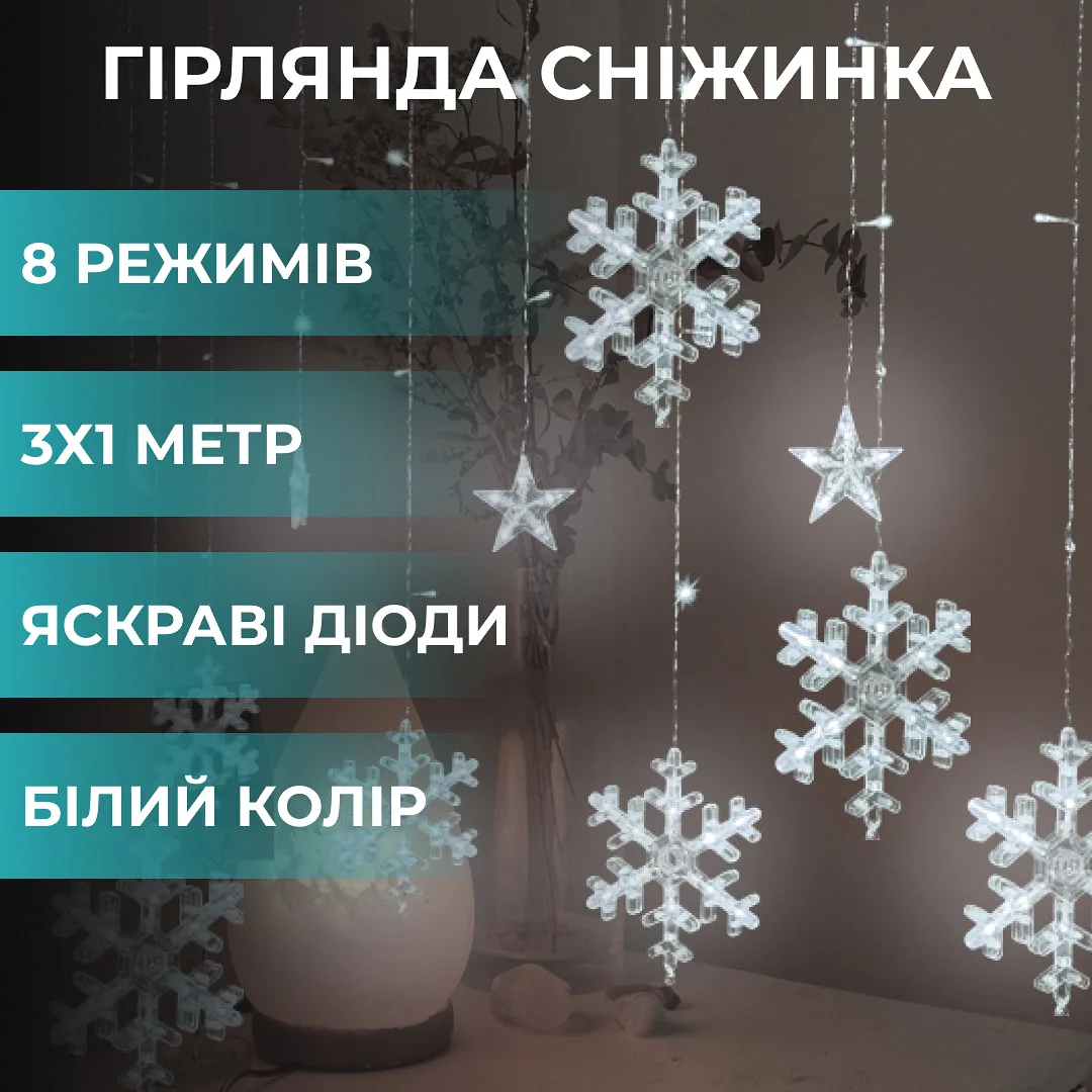 Гірлянда світлодіодна штора ПВХ 3х1 м Білий 12 фігур сніжинка зірка