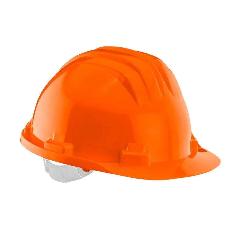 Захисна каска Neo Tools, виготовлена з поліпропілену HDPE, з регульованою пряжкою, помаранчевого кольору.