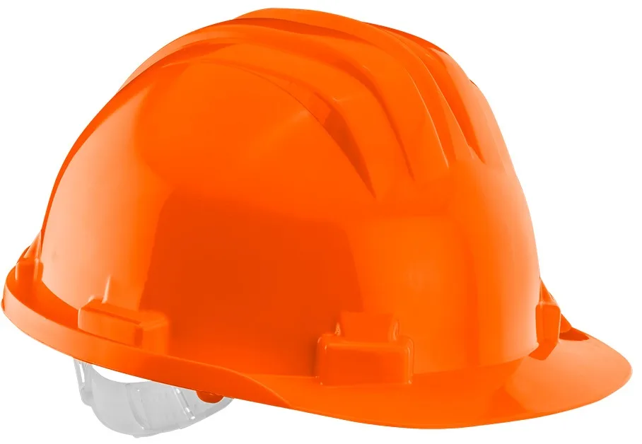 Захисна каска Neo Tools, виготовлена з поліпропілену HDPE, з регульованою пряжкою, помаранчевого кольору.