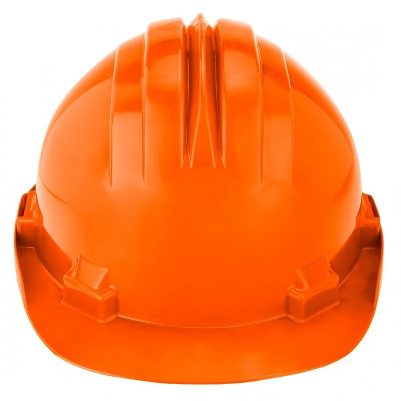 Захисна каска Neo Tools, виготовлена з поліпропілену HDPE, з регульованою пряжкою, помаранчевого кольору.