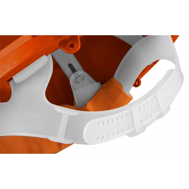 Захисна каска Neo Tools, виготовлена з поліпропілену HDPE, з регульованою пряжкою, помаранчевого кольору.