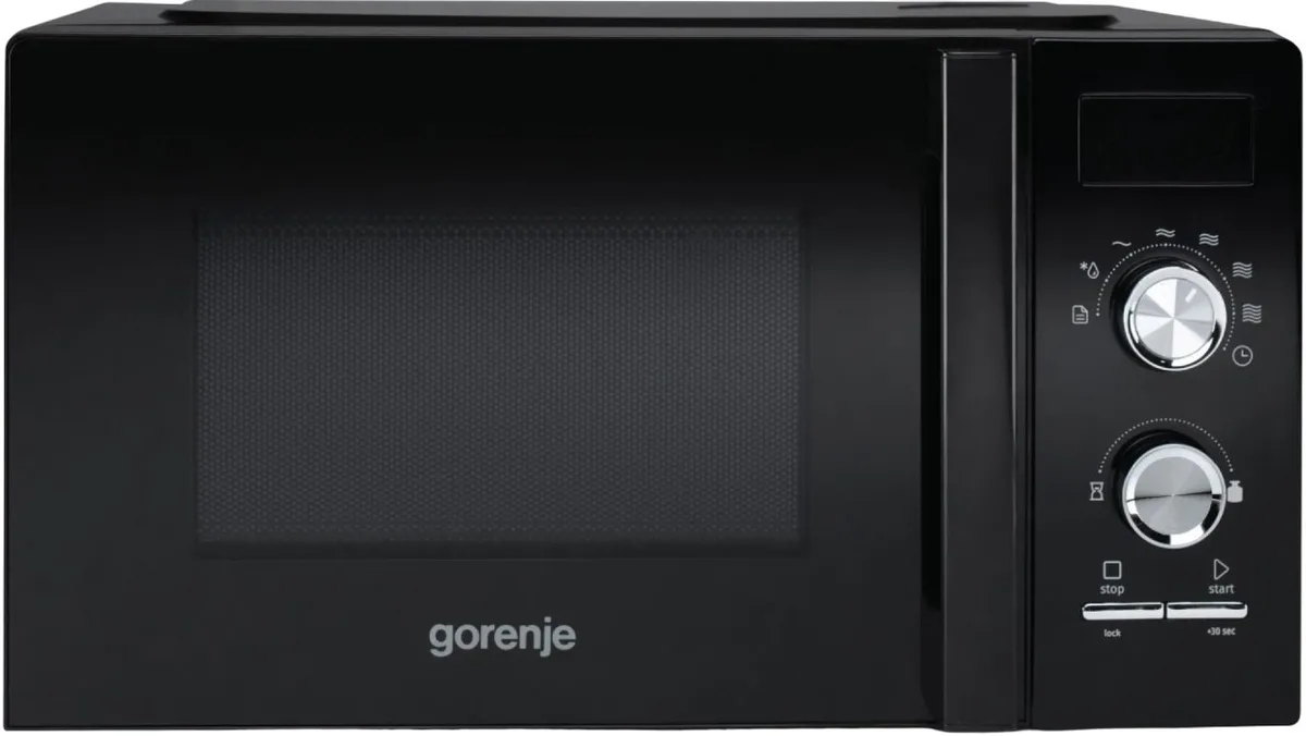 Мікрохвильова піч Gorenje, 20 літрів, механічне управління, 800 Вт, з дисплеєм, чорного кольору.