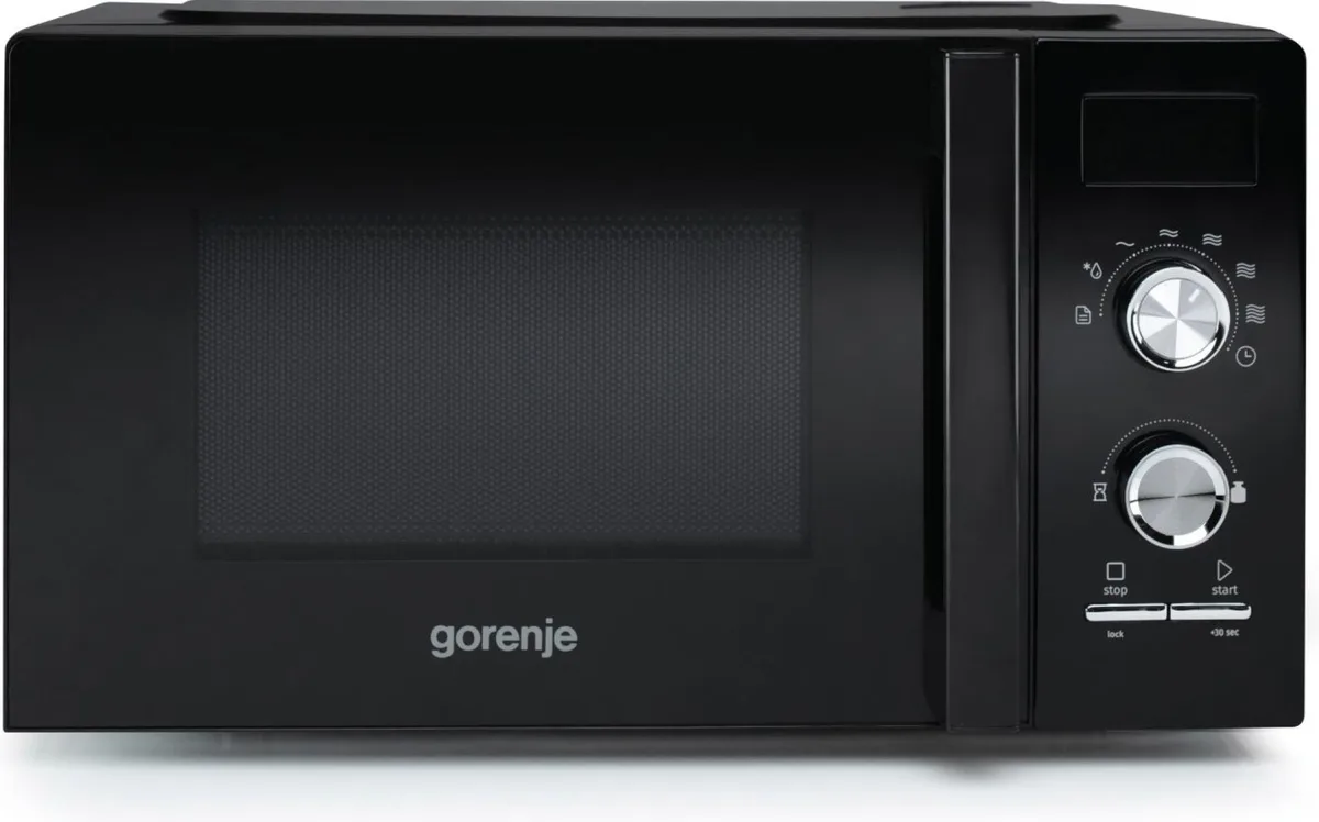 Мікрохвильова піч Gorenje, 20 літрів, механічне управління, 800 Вт, з дисплеєм, чорного кольору.
