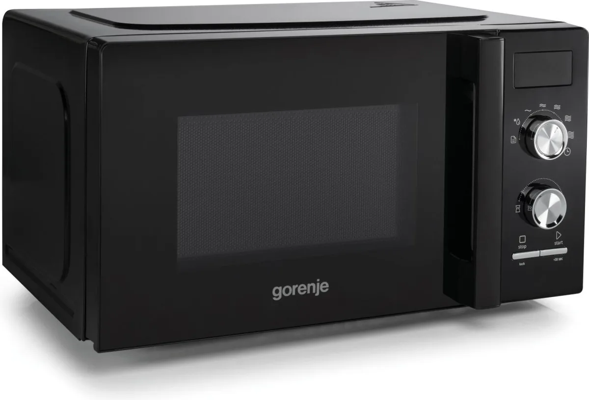 Мікрохвильова піч Gorenje, 20 літрів, механічне управління, 800 Вт, з дисплеєм, чорного кольору.