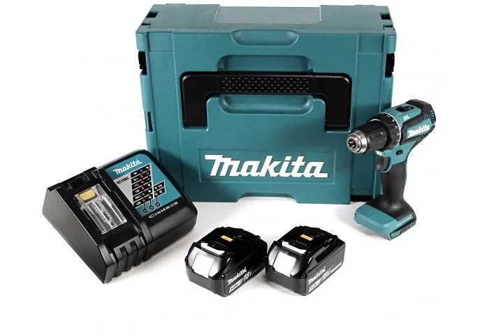 Аккумуляторная шуруповерт-дрель Makita DDF485RFJ 18В, 2 батареи по 3А·ч, крутящий момент 27·50Нм, скорость оборотов 0-500/0-1900 об/мин, вес 14 кг