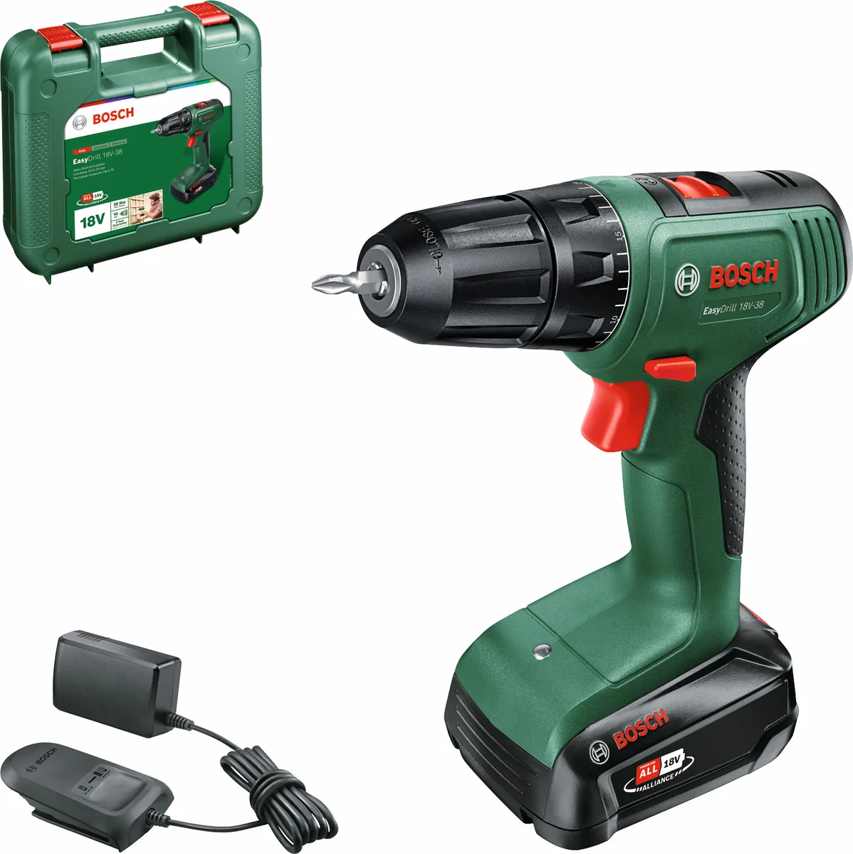 Акумуляторний ударний шуруповерт Bosch EasyImpact 18V-38, 18В, 1х2А·год, 20·38Нм, 0-430·0-1630об/хв, кейс, вага 1.4кг.