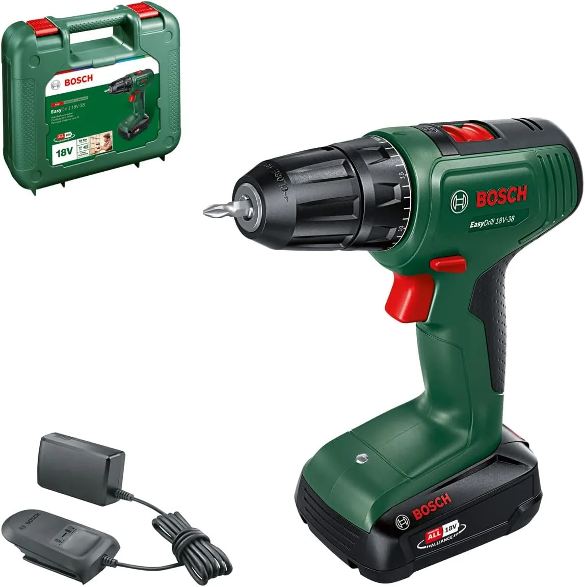 Акумуляторний ударний шуруповерт Bosch EasyImpact 18V-38, 18В, 1х2А·год, 20·38Нм, 0-430·0-1630об/хв, кейс, вага 1.4кг.