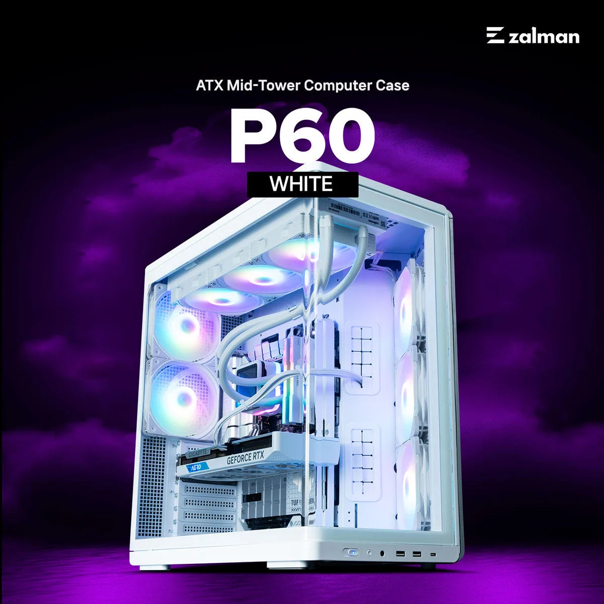 Корпус Zalman P60 без БЖ, 2xUSB3.0, 1x Type C, 3x120мм ARGB Reverse, 2x120мм ARGB, VGA 435мм, LCS ready, Curved Tempered Glass, Dual Chamber, ATX, білий