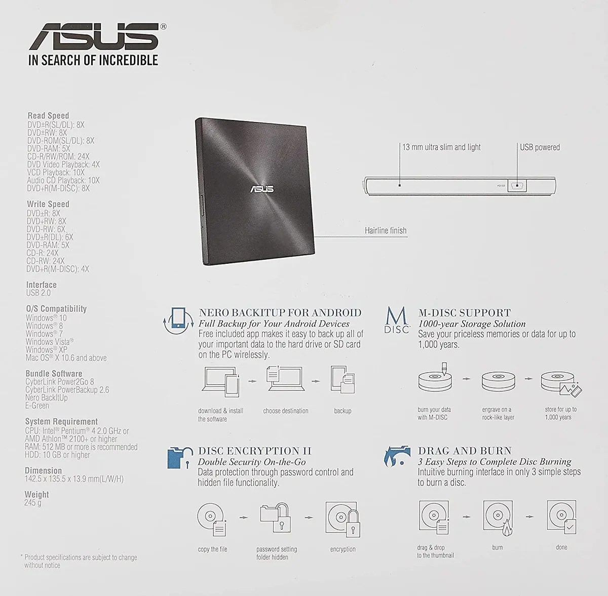Привід оптичний ASUS зовнішній USB 2.0 DVD-RW M-DISC чорний 13 мм