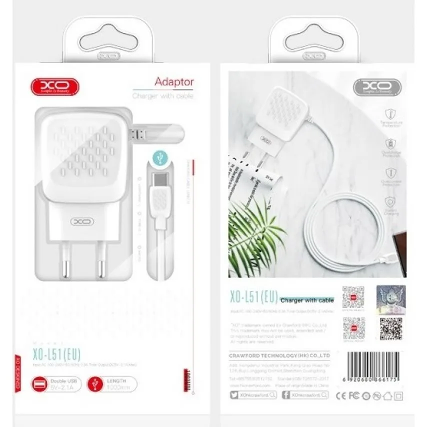 Мережевий зарядний пристрій XO 2USB 2.1A з кабелем Micro 1м Білий