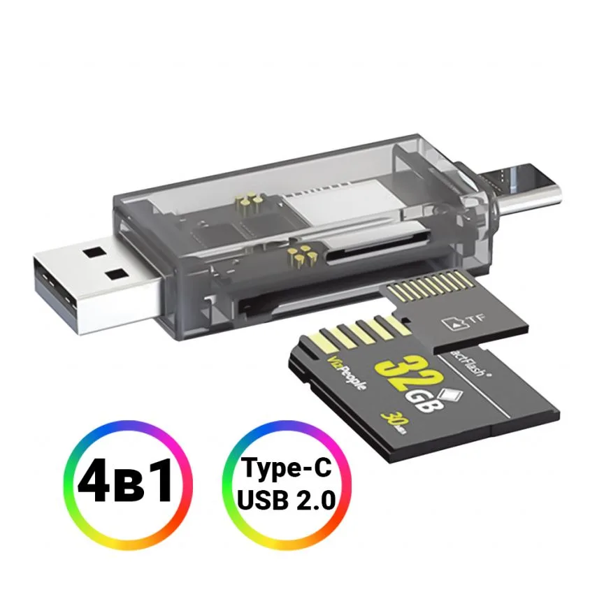 Кардрідер WALKER зовнішній пластик USB 2.0 Type-C для microSD SD прозорий