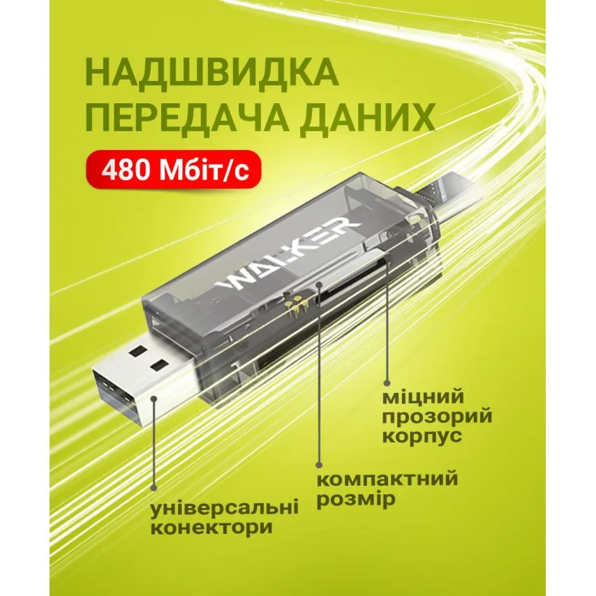 Кардрідер WALKER зовнішній пластик USB 2.0 Type-C для microSD SD прозорий