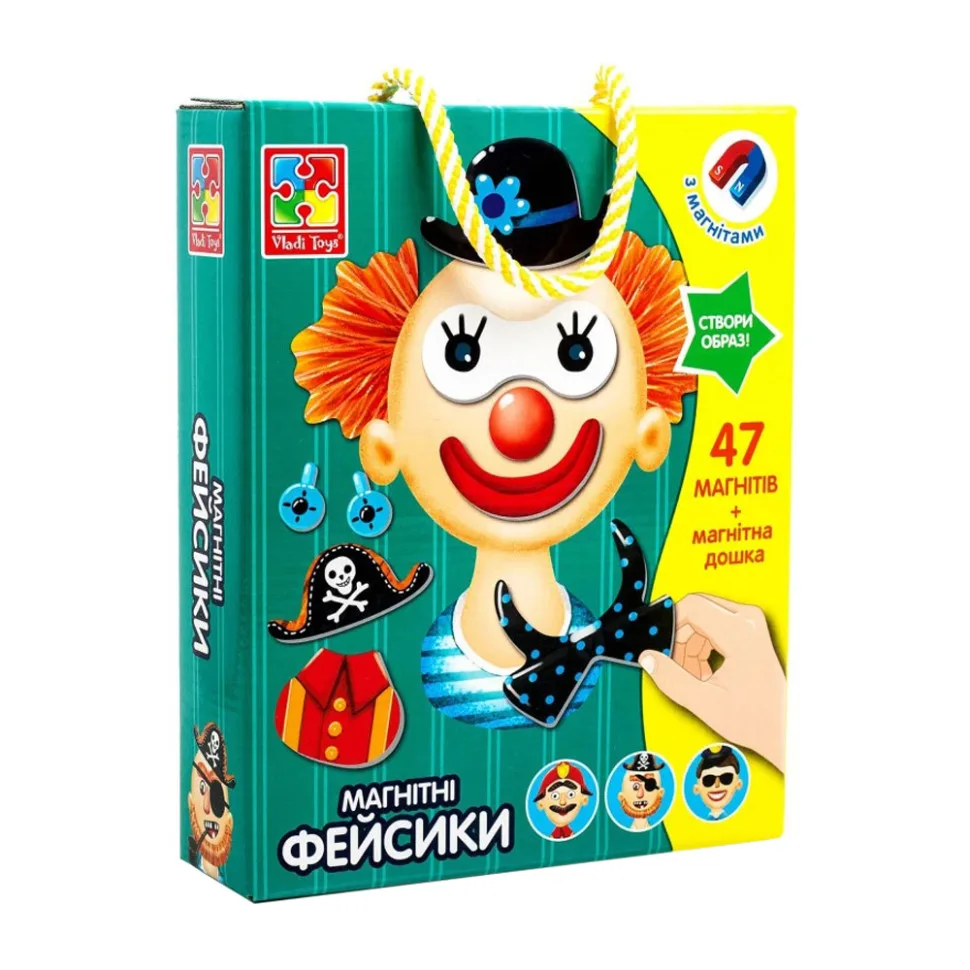 Дитяча магнітна гра Vladi Toys 47 магнітів 8 фейсиків 25х25 см Багатокольорова