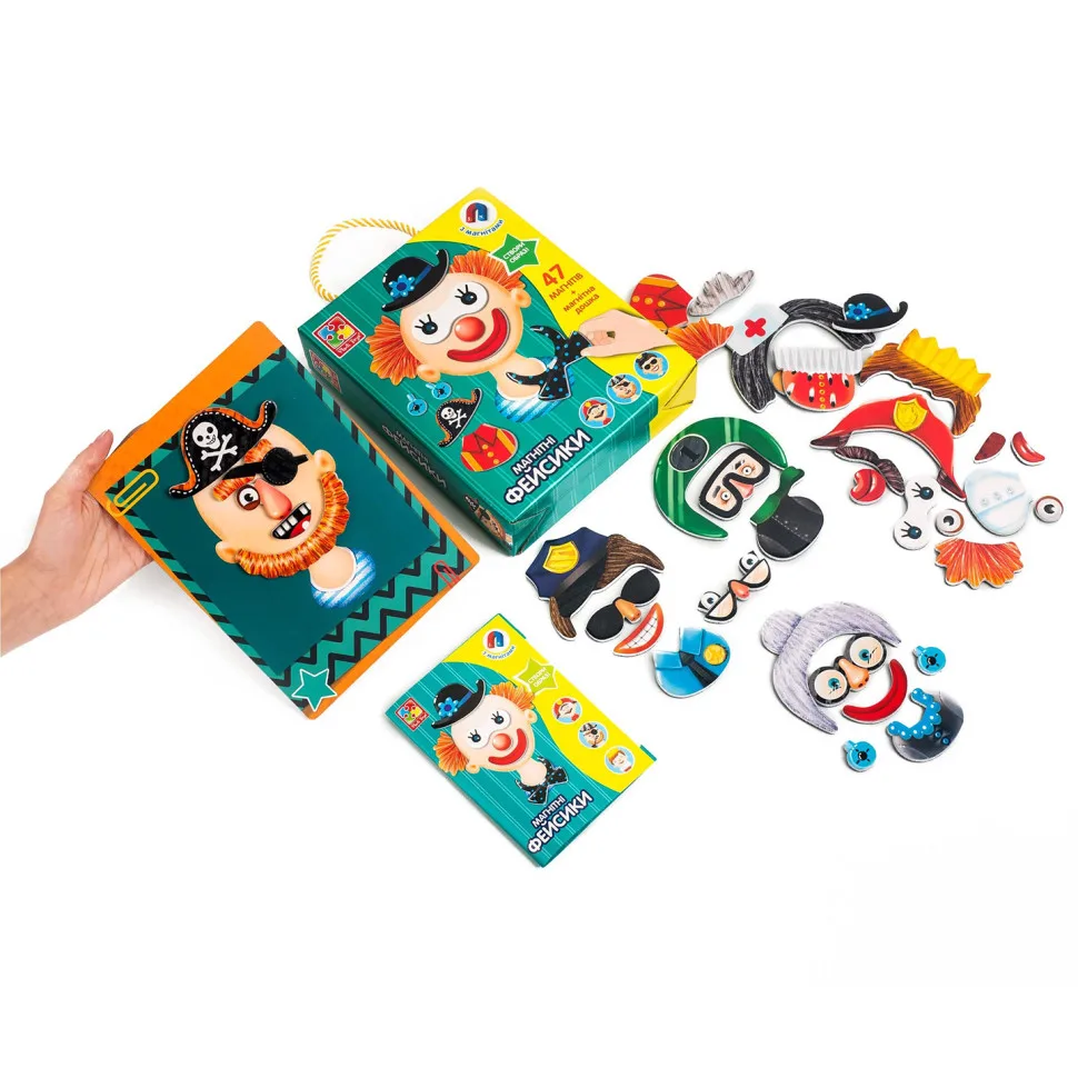 Дитяча магнітна гра Vladi Toys 47 магнітів 8 фейсиків 25х25 см Багатокольорова
