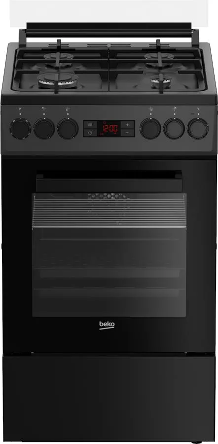 Комбінована плита Beko, 60 літрів, 50x60 см, з дисплеєм, конвекційним приготуванням, чавунними решітками, чорного кольору.