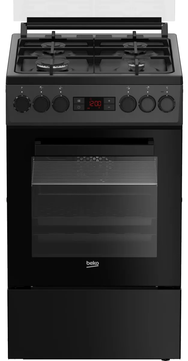 Комбінована плита Beko, 60 літрів, 50x60 см, з дисплеєм, конвекційним приготуванням, чавунними решітками, чорного кольору.