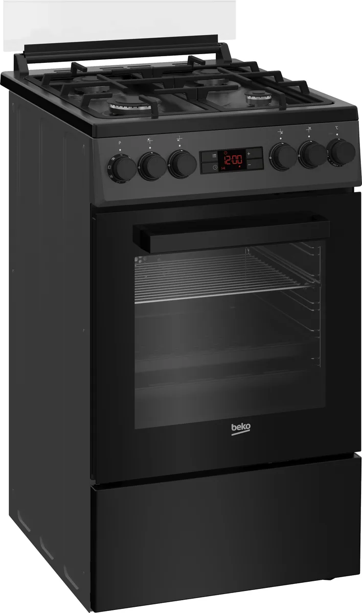 Комбінована плита Beko, 60 літрів, 50x60 см, з дисплеєм, конвекційним приготуванням, чавунними решітками, чорного кольору.