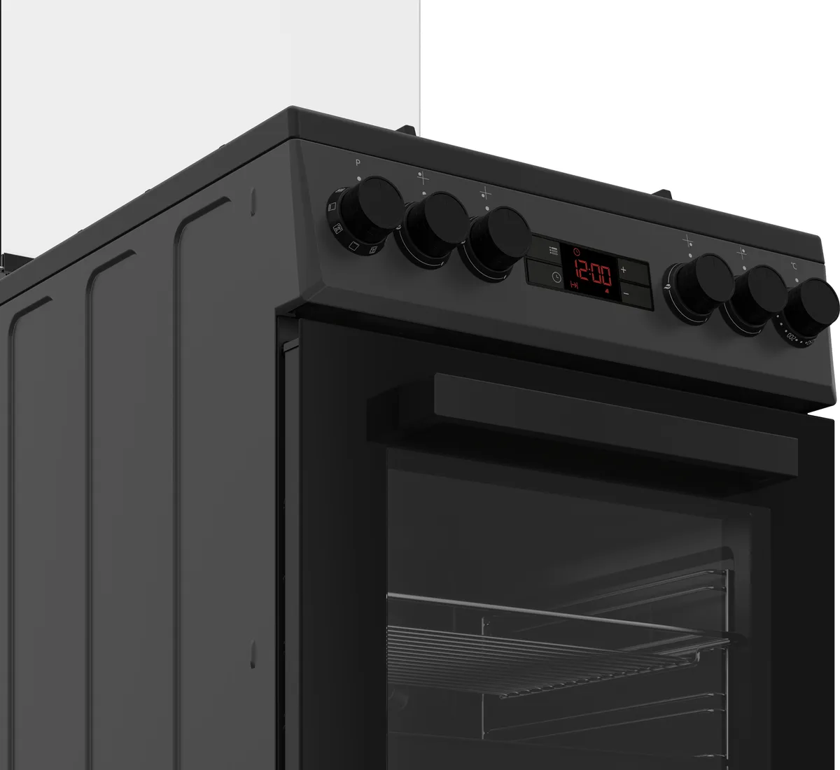 Комбінована плита Beko, 60 літрів, 50x60 см, з дисплеєм, конвекційним приготуванням, чавунними решітками, чорного кольору.