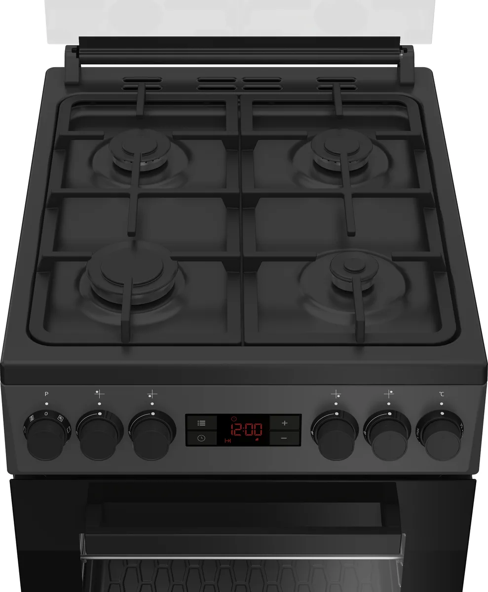 Комбінована плита Beko, 60 літрів, 50x60 см, з дисплеєм, конвекційним приготуванням, чавунними решітками, чорного кольору.