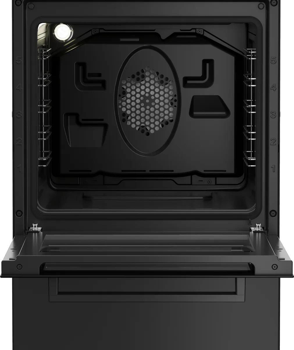Комбінована плита Beko, 60 літрів, 50x60 см, з дисплеєм, конвекційним приготуванням, чавунними решітками, чорного кольору.