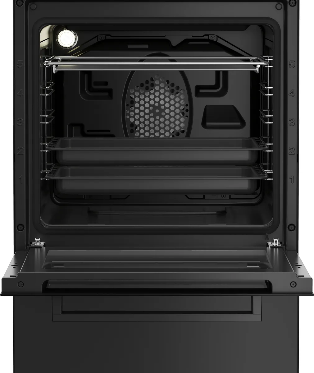 Комбінована плита Beko, 60 літрів, 50x60 см, з дисплеєм, конвекційним приготуванням, чавунними решітками, чорного кольору.