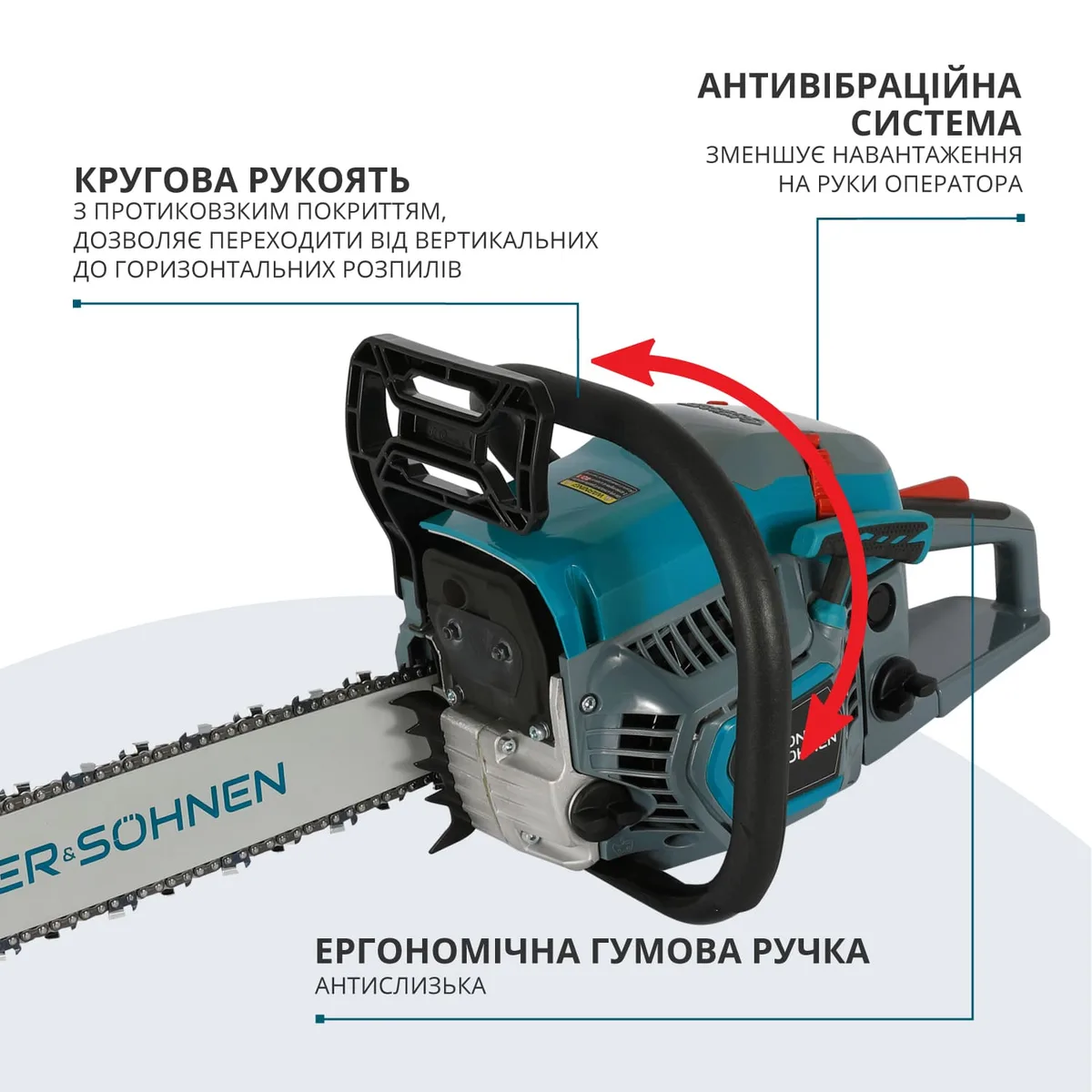Бензинова пила KonnerSohnen KS CS31G-16, 40 см, об'єм двигуна 54.5 см3, вага 5.6 кг.