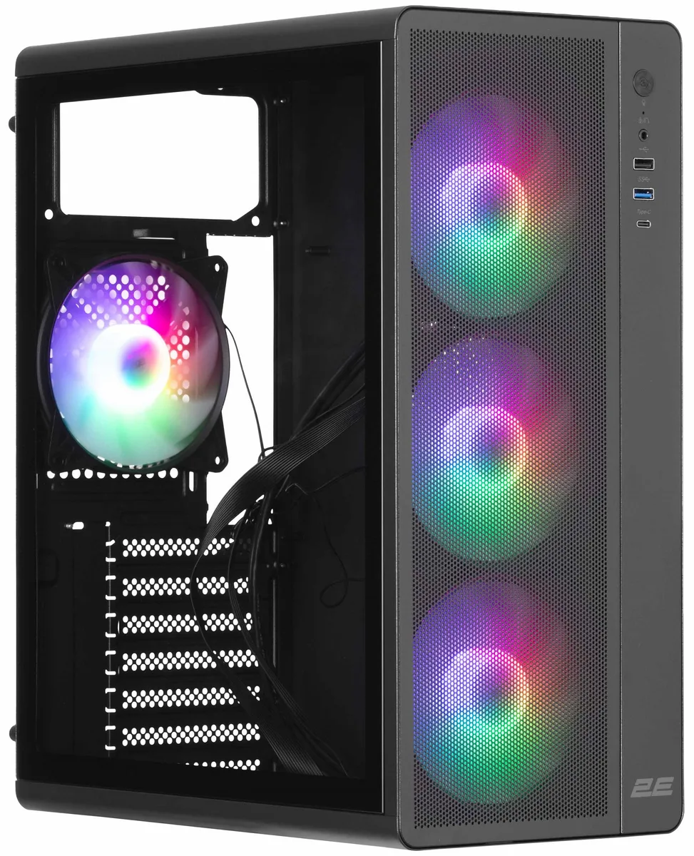 Корпус 2E GAMING Credo Plus V510B без БЖ, 1xUSB3.0, 1х USB 2.0, 1xUSB Type-C, 4x120мм RGB Rainbow, VGA 310мм, TG Side Panel, ATX, чорний