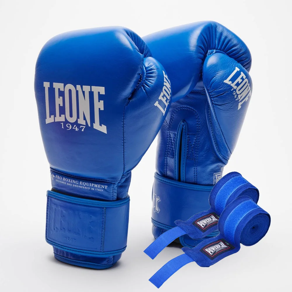 Боксерські рукавиці Leone натуральна шкіра 10 унцій сині з бинтами 4 м