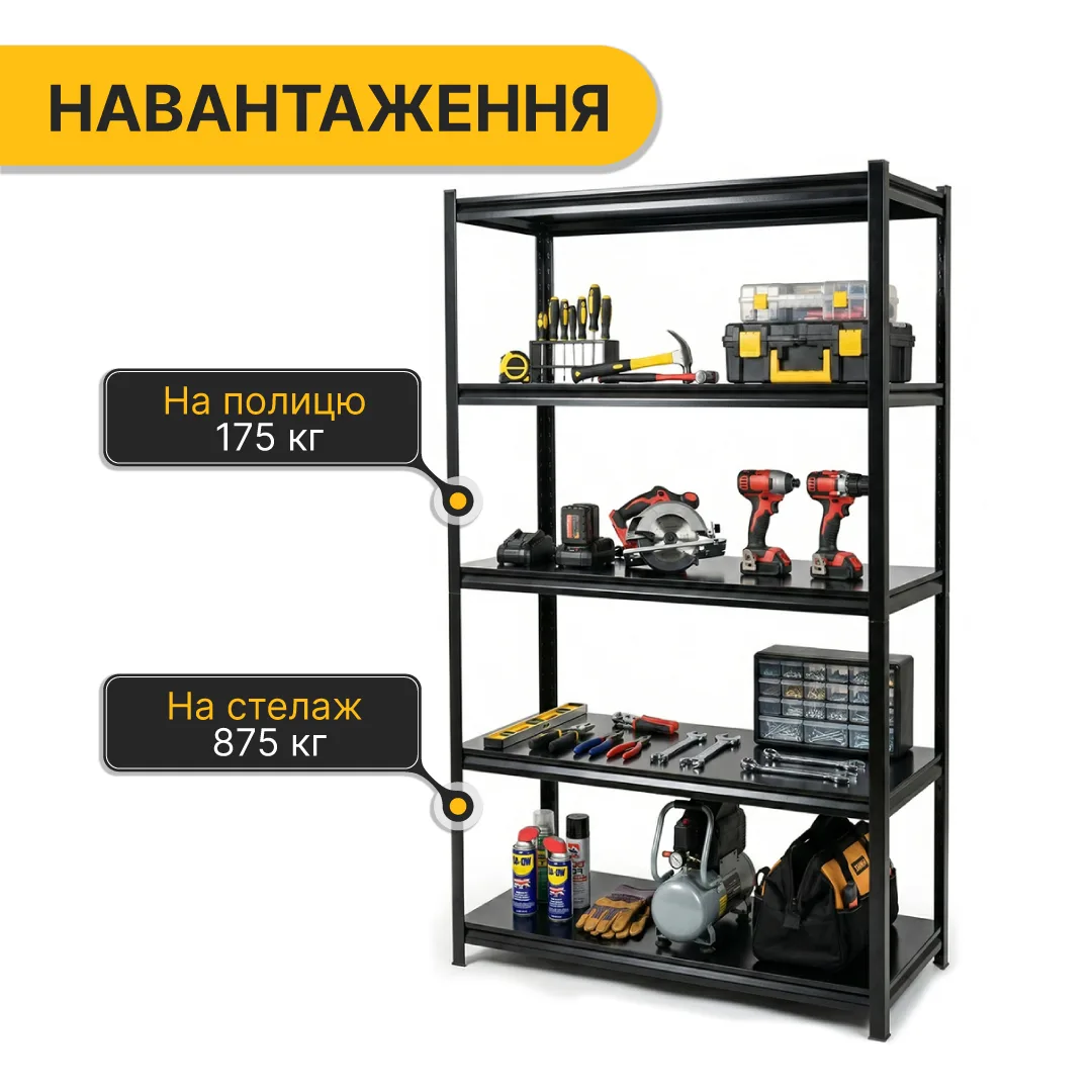 Металевий стелаж LEOBRO 182х90х40 см чорний 5 полиць максимальне навантаження 875 кг