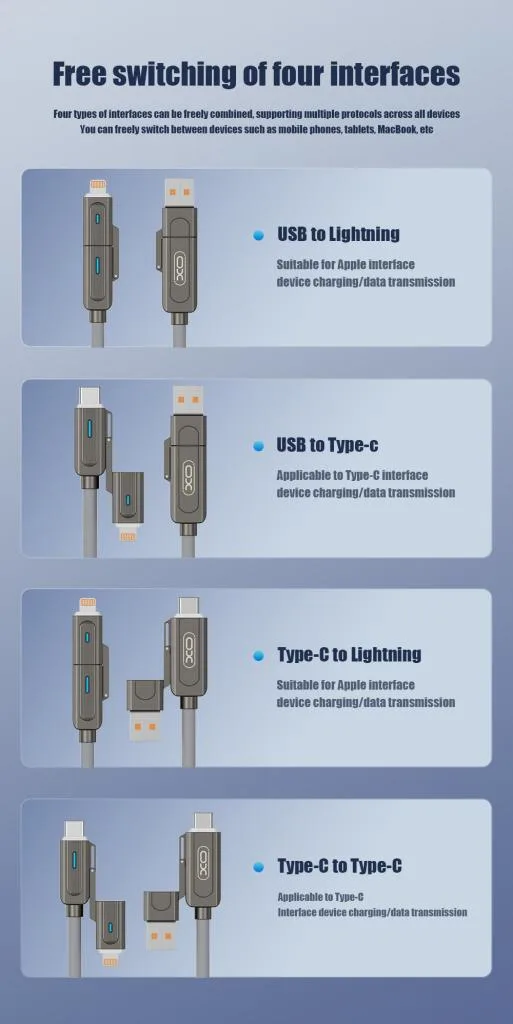 Кабель XO 4 в 1 Zinc Alloy Silicone 1 м Сірий USB Type-C Lightning 60W