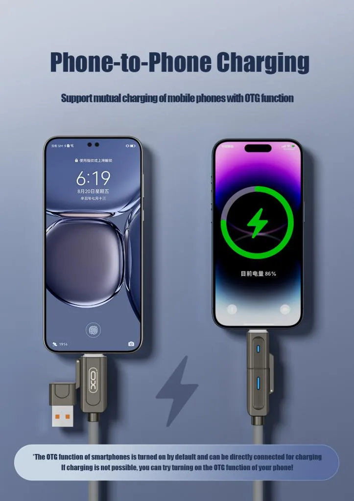 Кабель XO 4 в 1 Zinc Alloy Silicone 1 м Сірий USB Type-C Lightning 60W