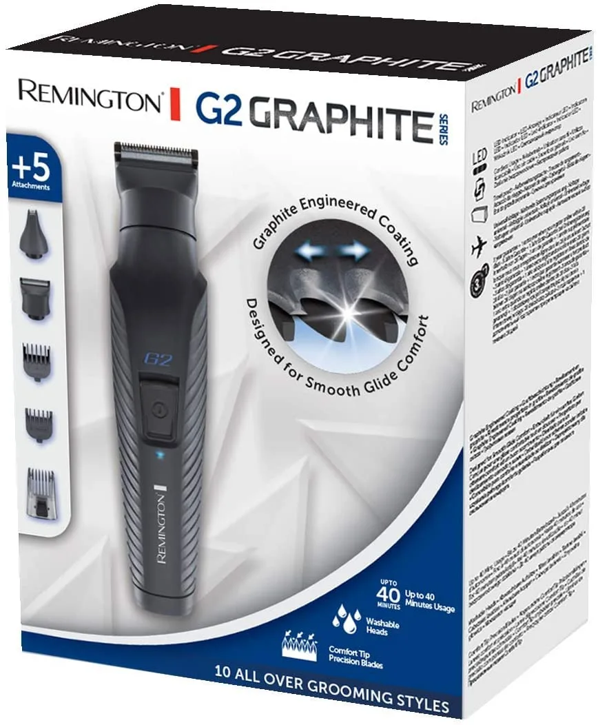 Набір для стрижки Remington G2 Graphite: універсальний тример для волосся, вусів, бороди, носа та тіла, акумуляторний, 5 насадок,