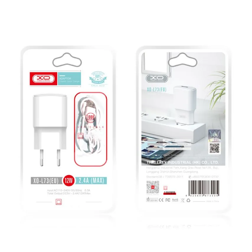 Зарядний пристрій XO 1USB 2.4A 12W з кабелем Micro 1м Білий