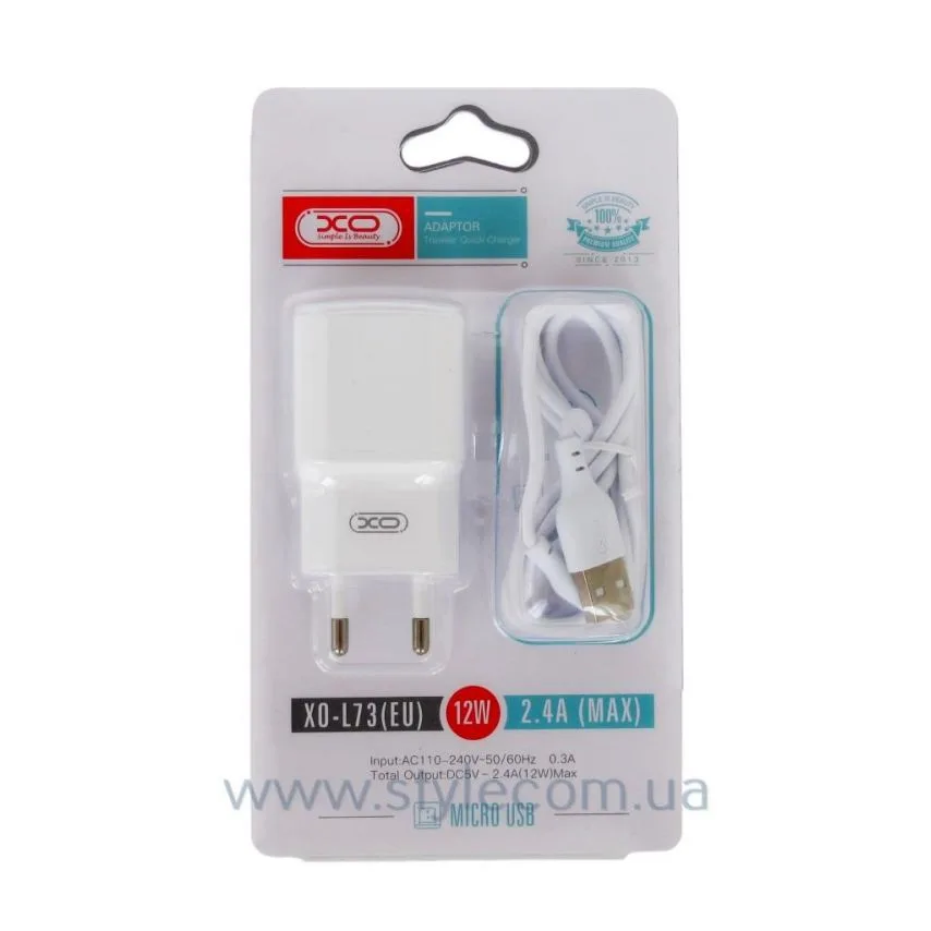 Зарядний пристрій XO 1USB 2.4A 12W з кабелем Micro 1м Білий