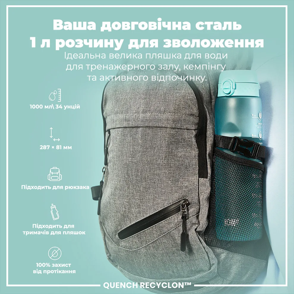Пляшка для води ION8 Recyclon 1000 мл Блакитна BPA Free