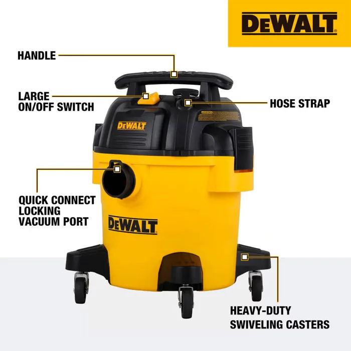 Професійний пилосос DeWalt потужністю 1050 Вт, з силою всмоктування 15 кПа, контейнером на 20 л та вагою 6.2 кг.