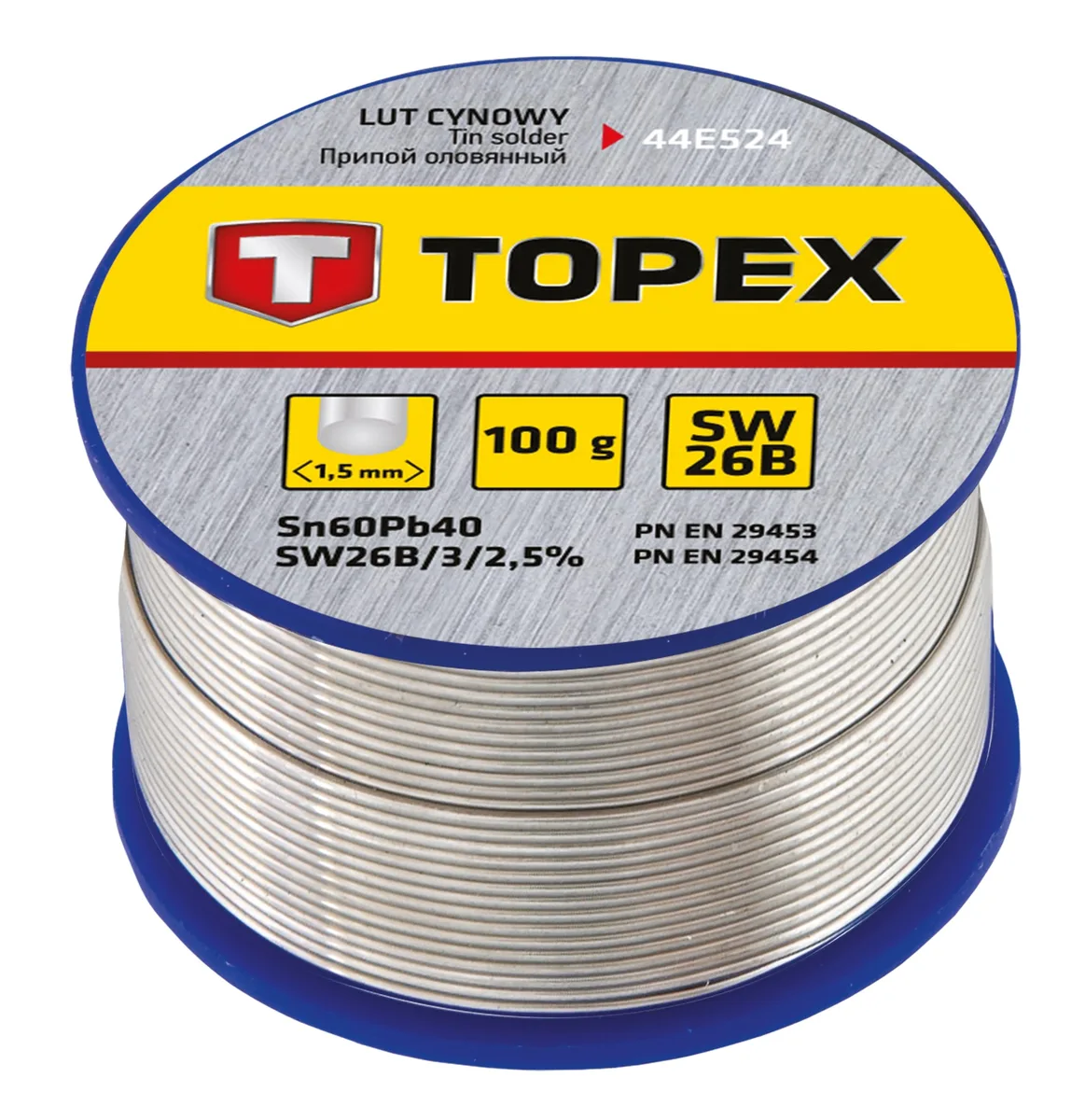 Припій олов’яний TOPEX Sn60Pb40 з флюсом SW26B, дріт 1.5мм, 100г.