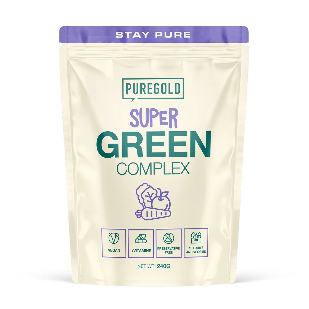 Порошок Super Green Complex Pure Gold 240 г неароматизований з вітамінами та спіруліною.