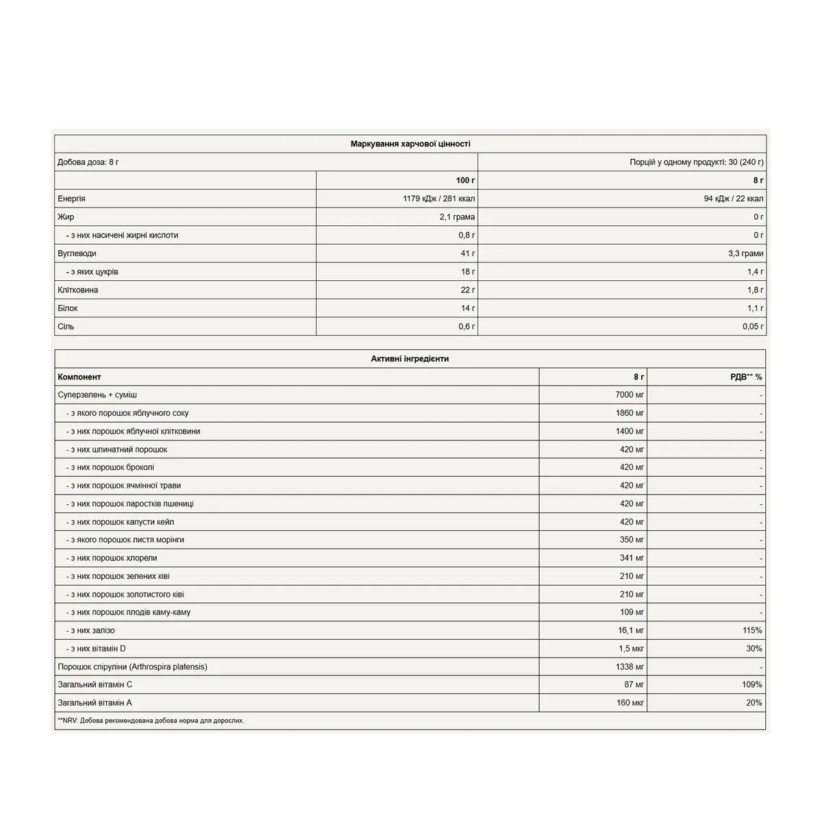 Порошок Super Green Complex Pure Gold 240 г неароматизований з вітамінами та спіруліною.