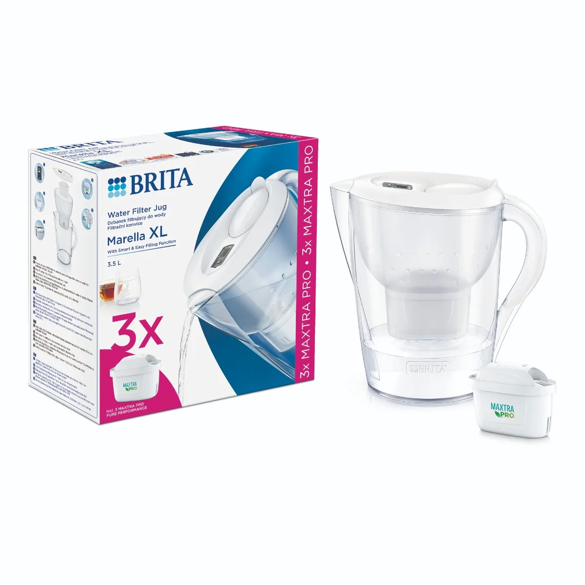 Фильтровальный кувшин Brita Marella XL Memo MXPro 35л (2л чистой воды) с белыми фильтр-картриджами (3 шт)