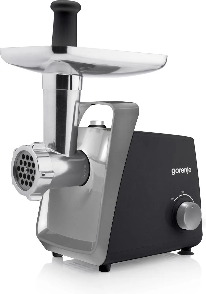 М'ясорубка Gorenje, потужність 1600 Вт, продуктивність 2,2 кг/хв, комплект з 2 решіток, матеріал: пластик і метал, чорного кольору