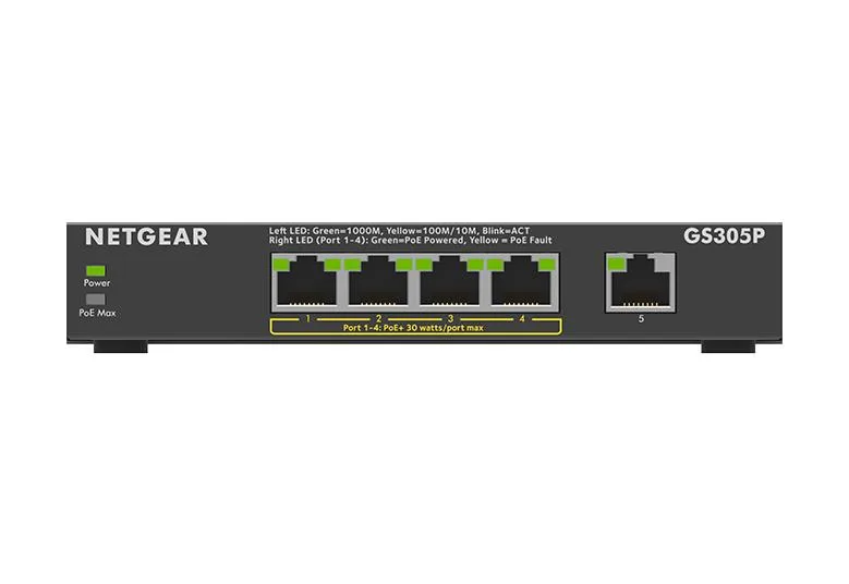 Коммутатор NETGEAR GS305P 5xGE (4xPoE), 63Вт, Некерованный