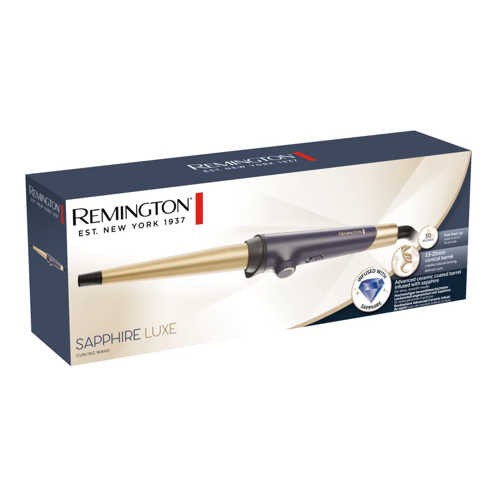 Конусная плойка Remington Sapphire Luxe, диаметр 13-25 мм, температурный режим 130-200°C, в комплекте с чехлом, керамическое покрытие, сапфировый