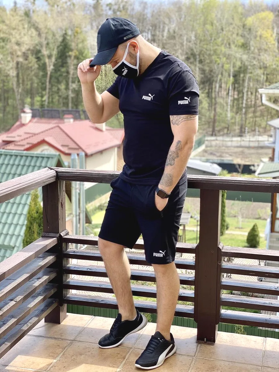Літній чоловічий спортивний костюм футболка шорти двонитка 95% Cotton 5% Elastan чорний