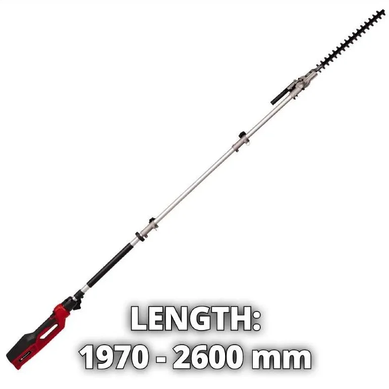 Телескопический кусторез Einhell GC-HH 9046, мощность 900 Вт, длина лезвия 460 мм, шаг реза 20 мм, регулируемая штанга 197-26 м, вес 491 кг.