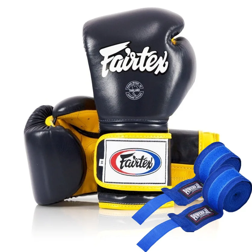 Боксерские перчатки Fairtex натуральная кожа 14 унций Синие Желтые