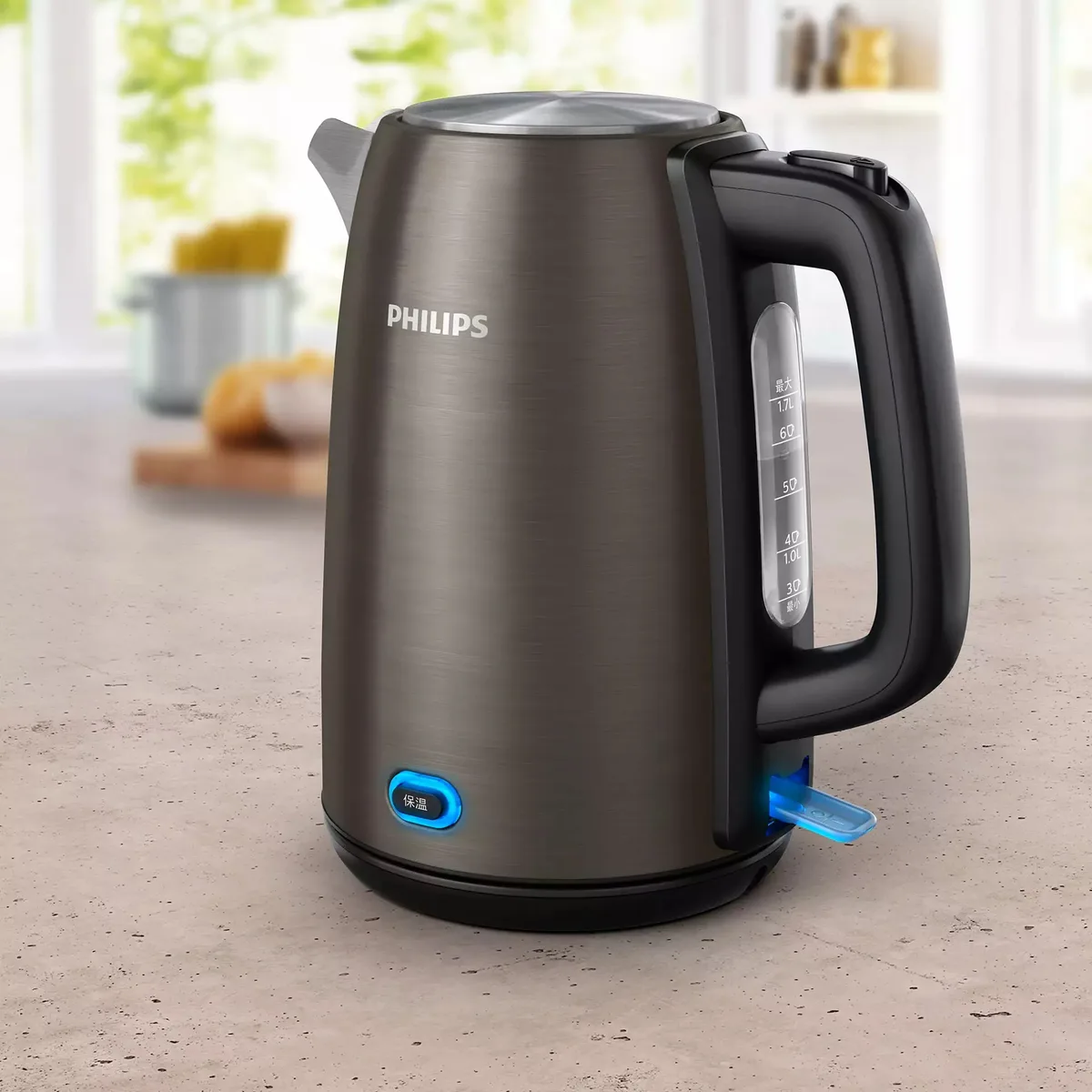 Электрочайник Philips Viva Series 17л с подсветкой LED, серебристый с черными элементами.