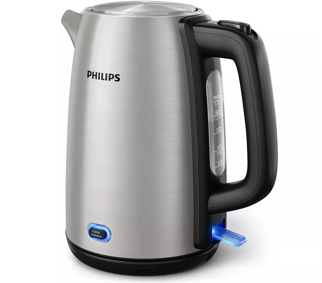 Электрочайник Philips Viva Series 17л с подсветкой LED, серебристый с черными элементами.