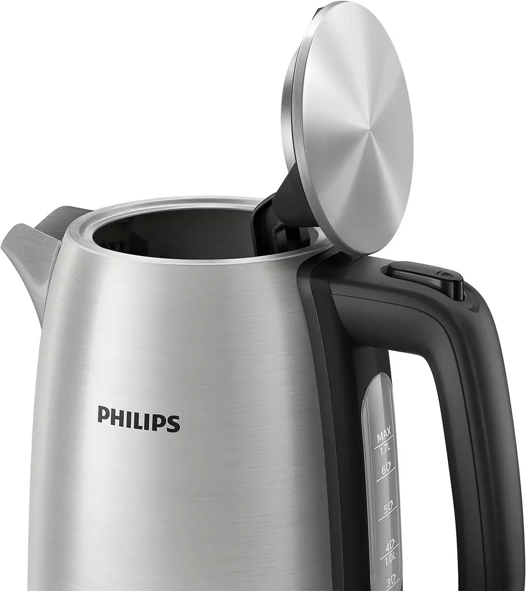 Электрочайник Philips Viva Series 17л с подсветкой LED, серебристый с черными элементами.