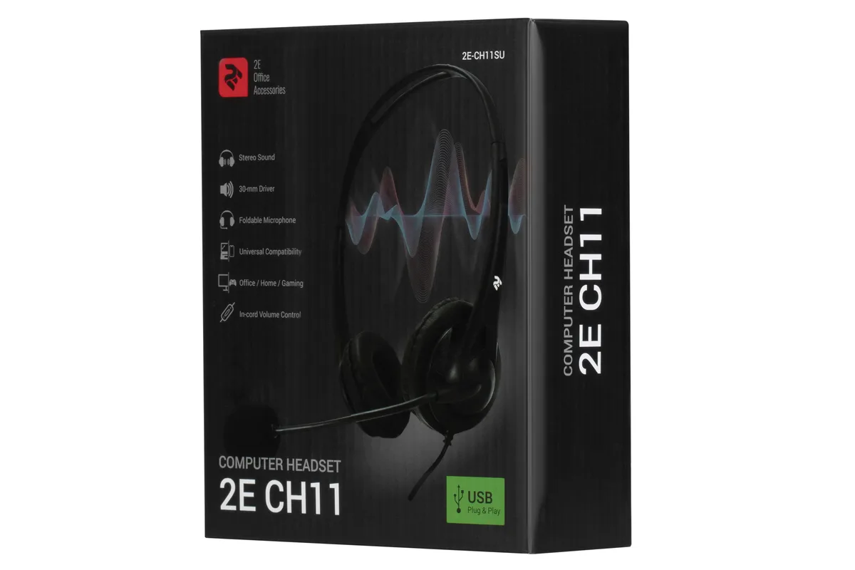 Наушники ПК стерео On-ear 2E CH11 USB, омни-микрофон, 2м, черные